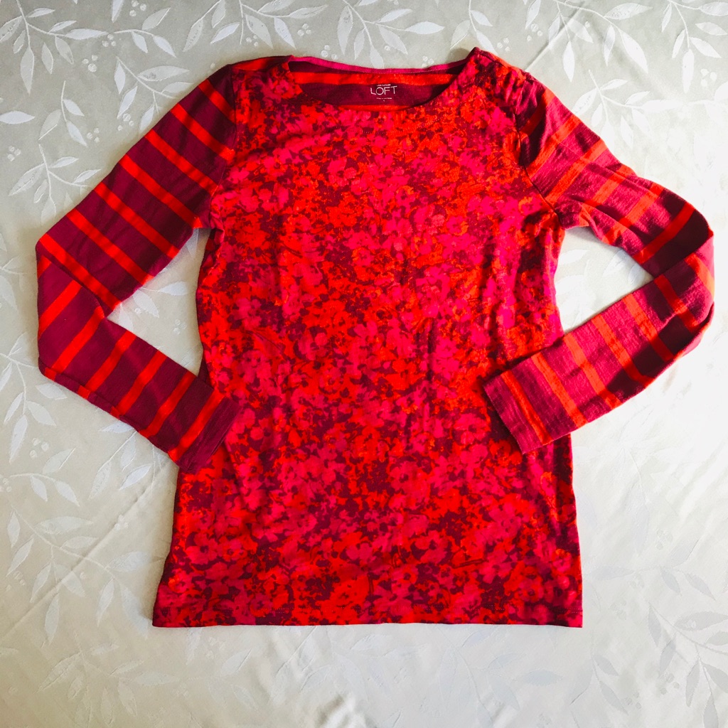 Loft Red Floral Striped Tee